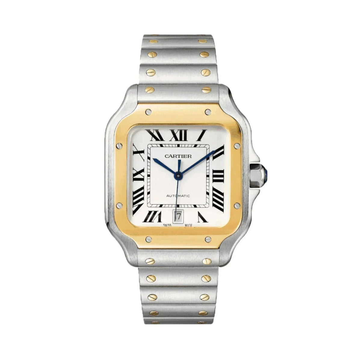 Cartier Santos men's watch two-tone steel gold Roman numerals white dial luxury timepiece