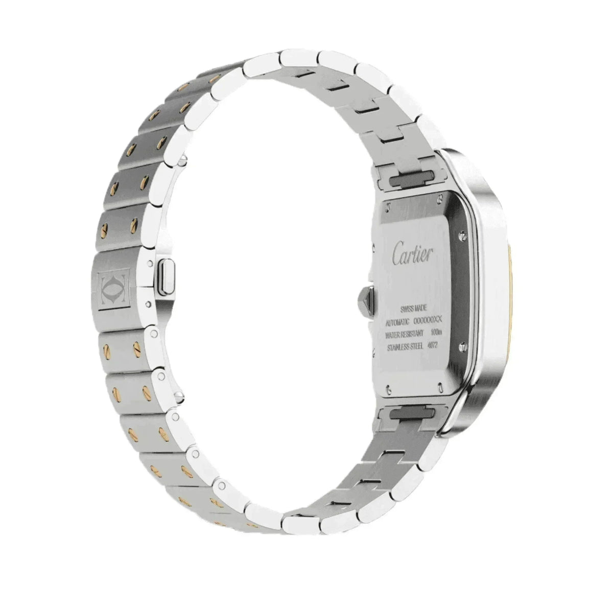 Back view of Cartier Santos W2SA0009 men's watch, two-tone stainless steel bracelet.