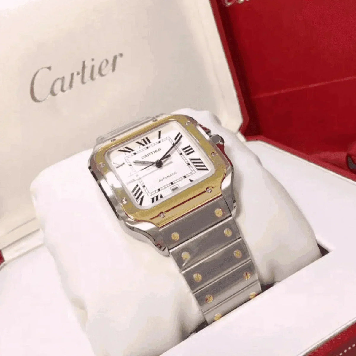 Cartier Santos men's watch with silver and gold bracelet in branded box