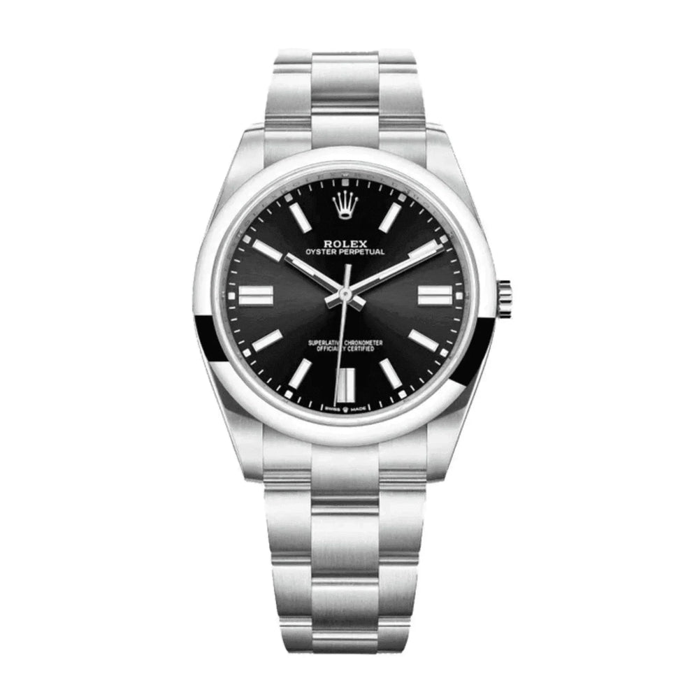 Men's classic stainless steel Rolex Oyster Perpetual watch with black dial, 41mm