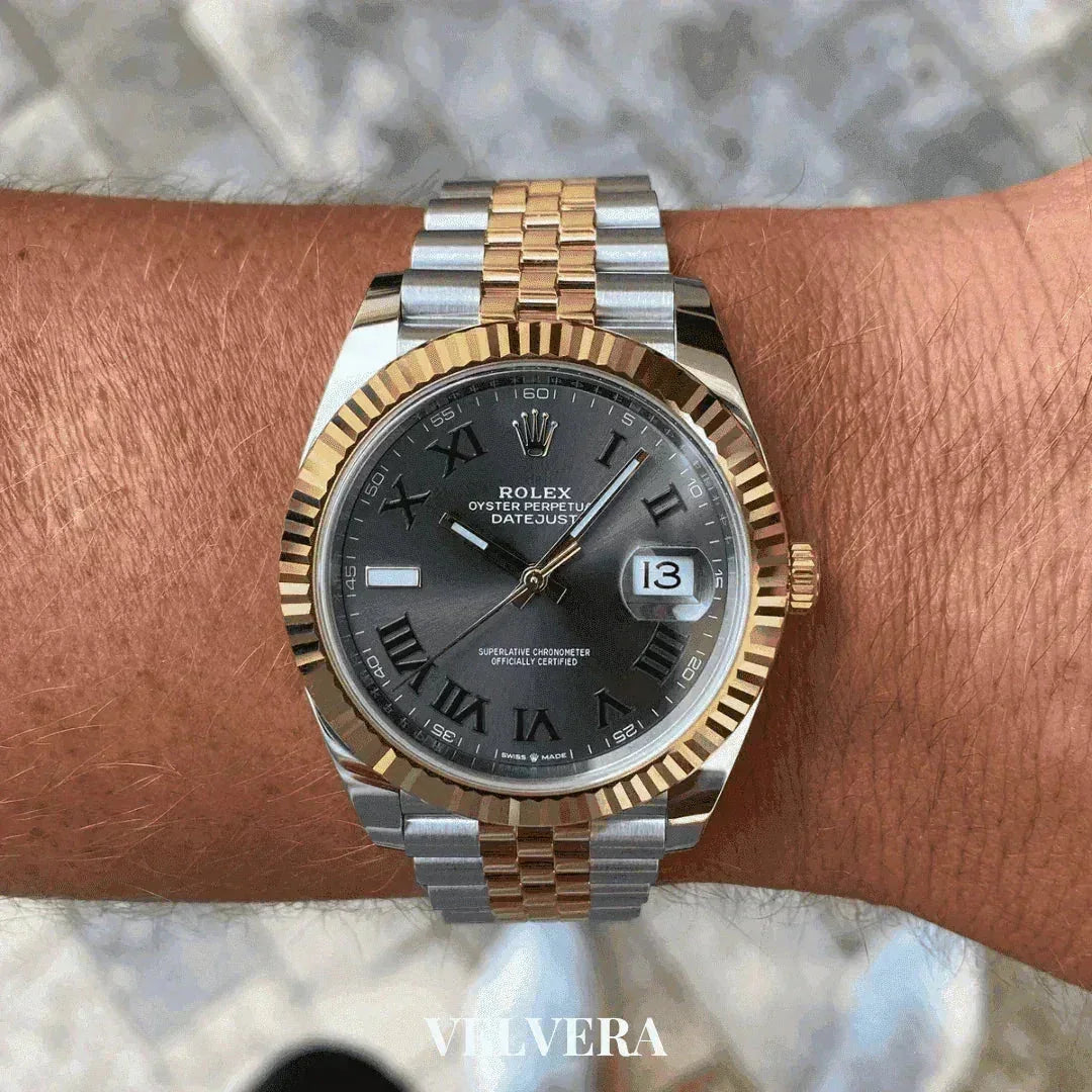 Rolex Datejust Wimbledon Jubilee men's watch with two-tone bracelet on wrist, Velvera logo