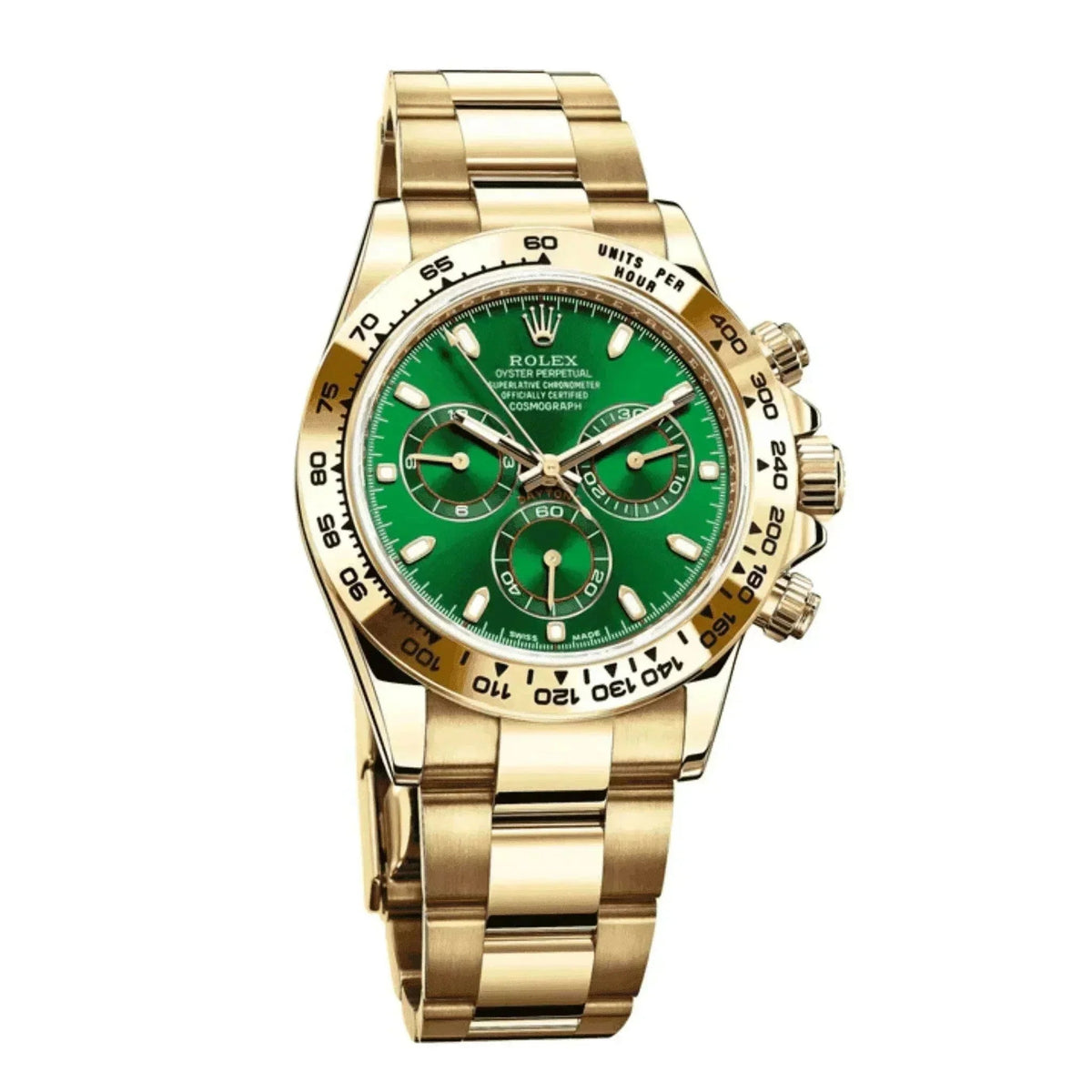 Gold Rolex Daytona Cosmograph men’s watch with green dial on white background