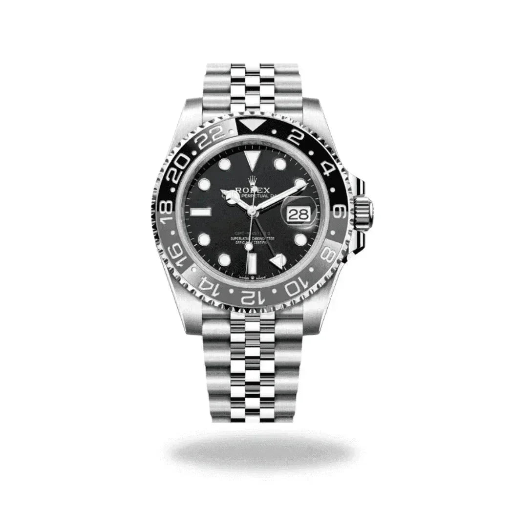 Luxury men's GMT Master watch with black bezel, silver bracelet, and date display