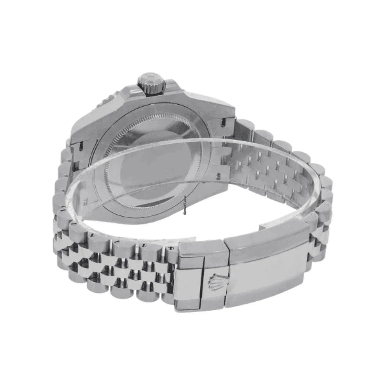 Men's GMT Master II Pepsi Velvera silver stainless steel watch, open case back view