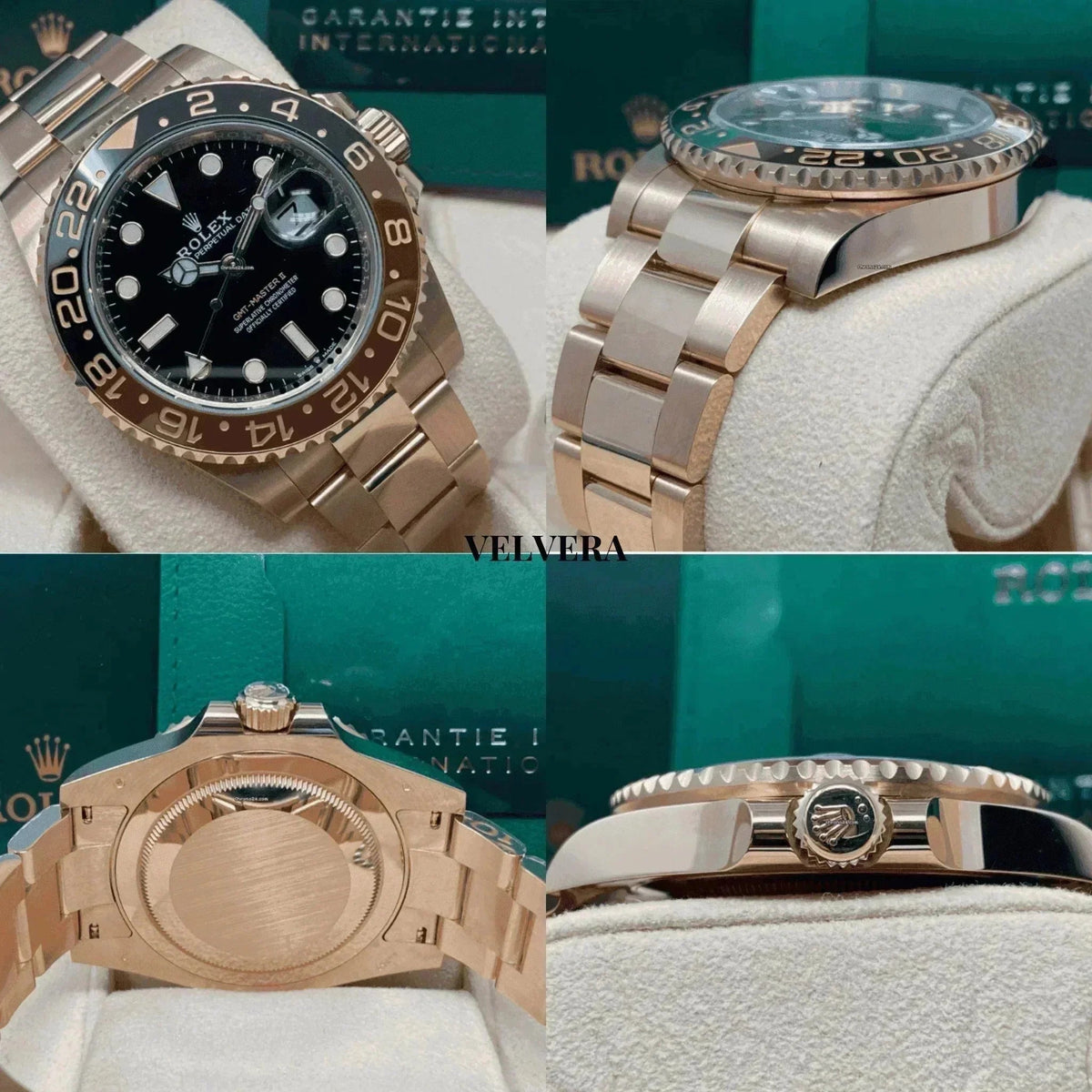 Rolex GMT-Master II Root Beer 126711 men’s watch in rose gold, close-up views on cushion