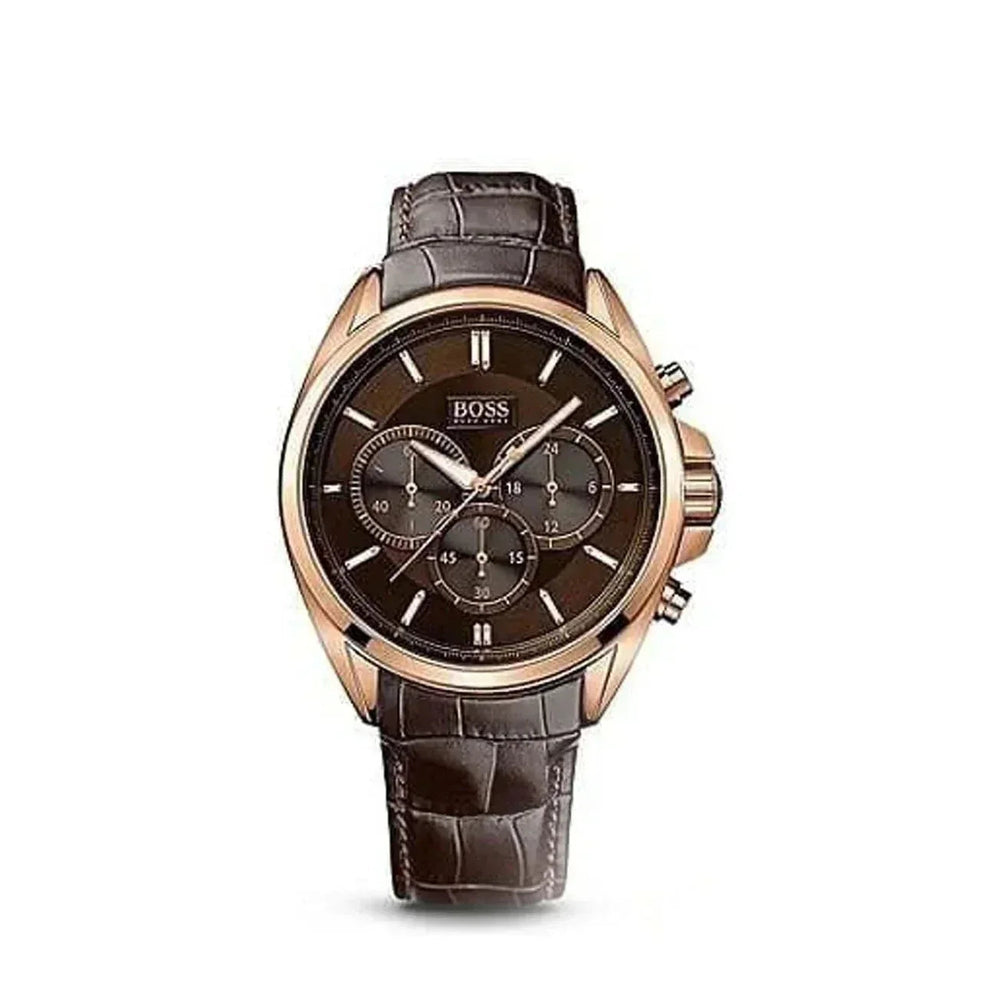 Men's brown leather chronograph watch with gold case and BOSS logo on dial