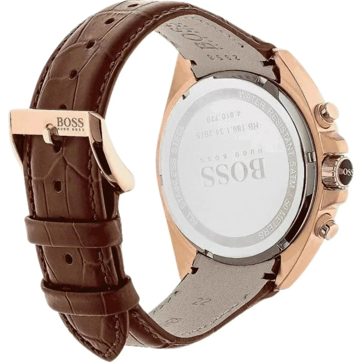 Men's Hugo Boss chronograph watch with brown leather strap and rose gold case