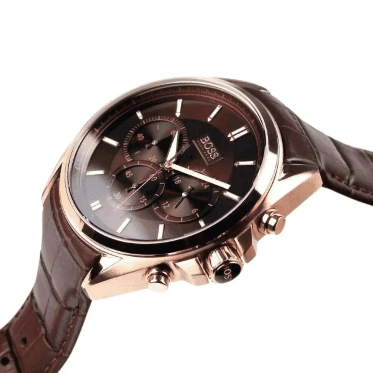 Men's chronograph watch with brown leather strap and gold case, luxury wristwatch
