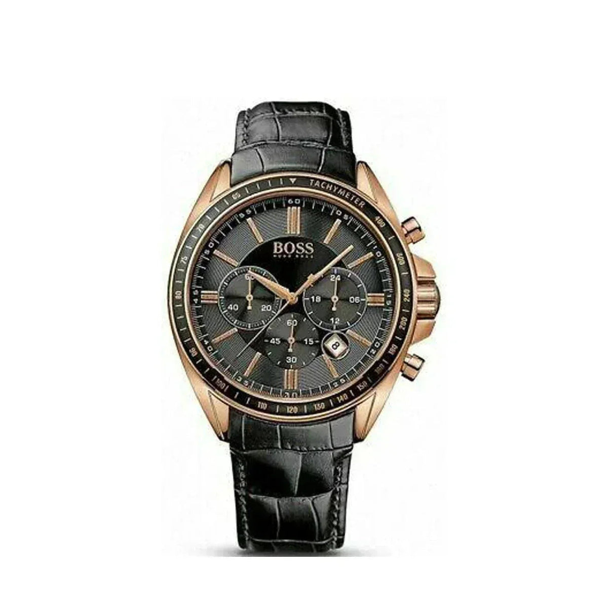 Men's black leather chronograph watch with gold case and textured dial, Boss branding