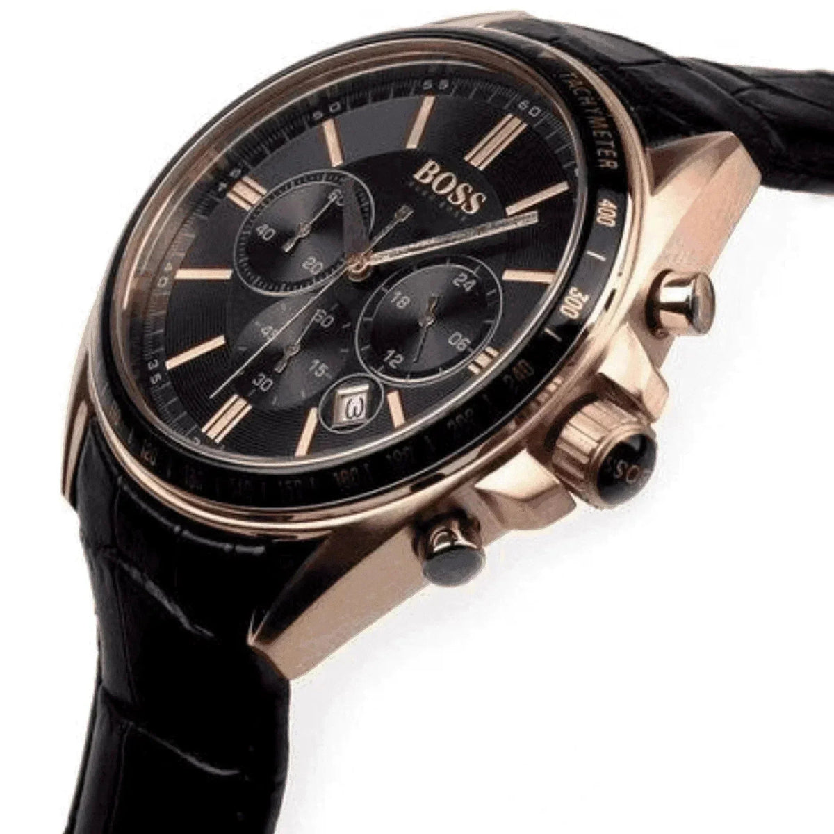 Men's BOSS black leather chronograph watch with gold case and three subdials