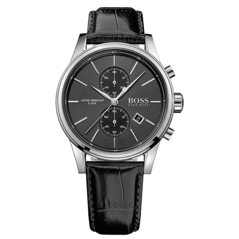 Black Hugo Boss men's chronograph watch with leather strap and silver accents