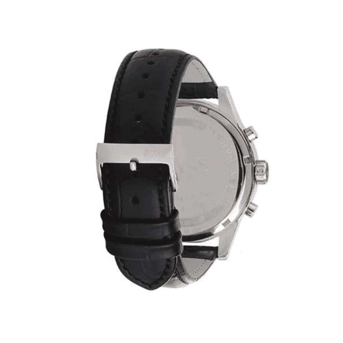 Men's black chronograph watch with leather strap and stainless steel case back