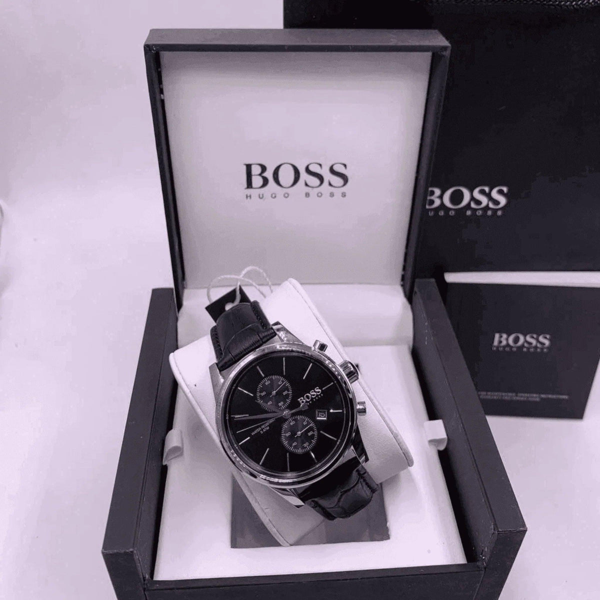 Hugo Boss men's black chronograph watch in a branded gift box with black leather strap