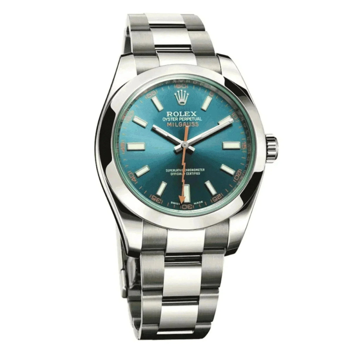 Rolex Milgauss men's watch with blue dial and stainless steel bracelet