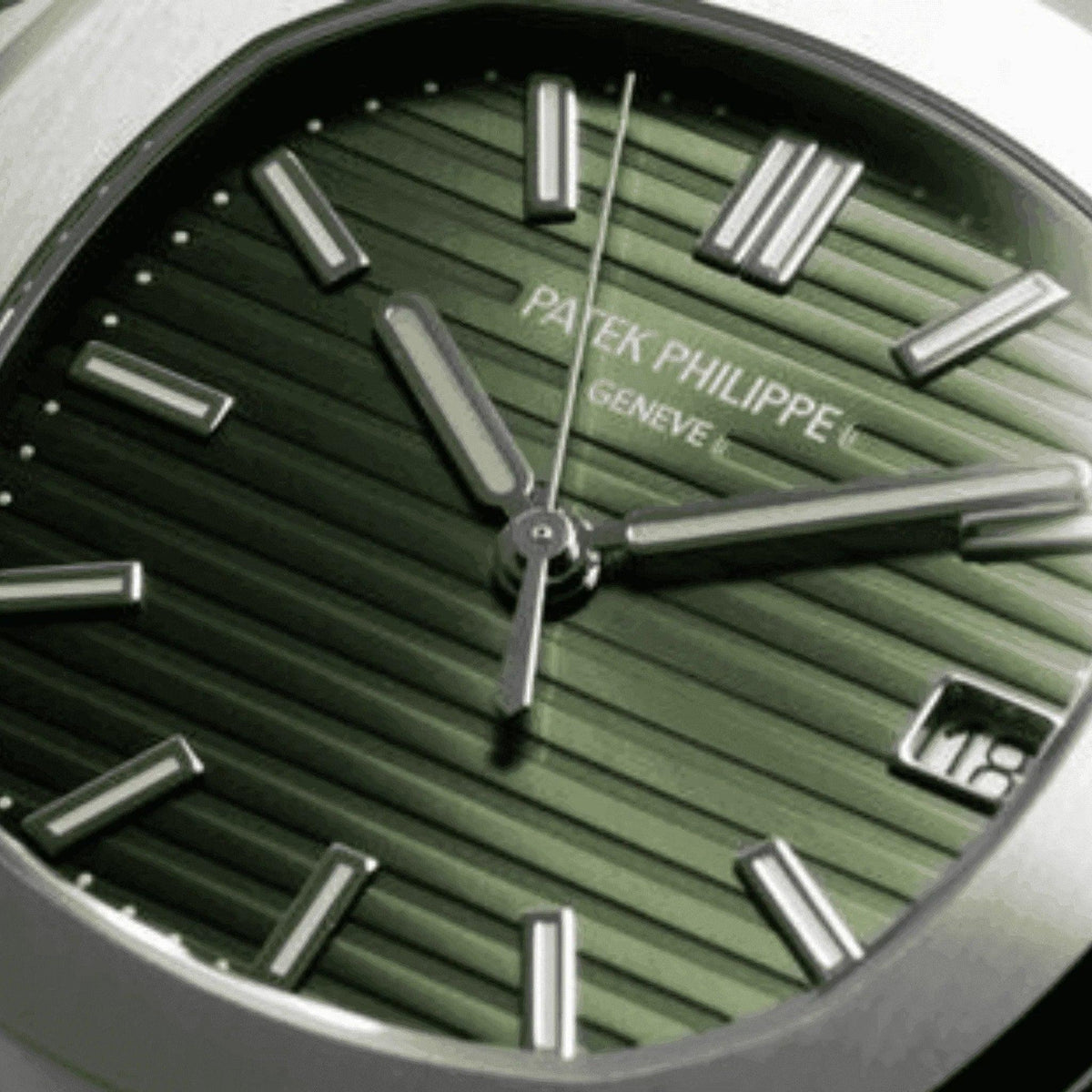 Close-up of Patek Philippe Nautilus 5711A men's watch with olive green dial