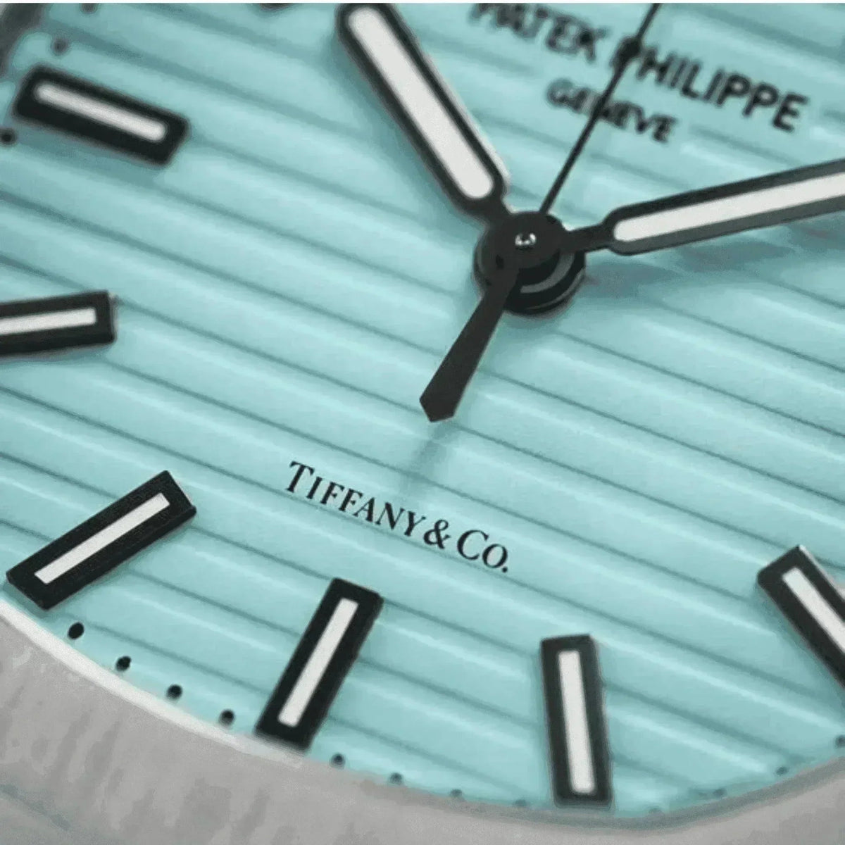Close-up of Patek Philippe Nautilus Tiffany & Co. men's watch with blue dial and black markers