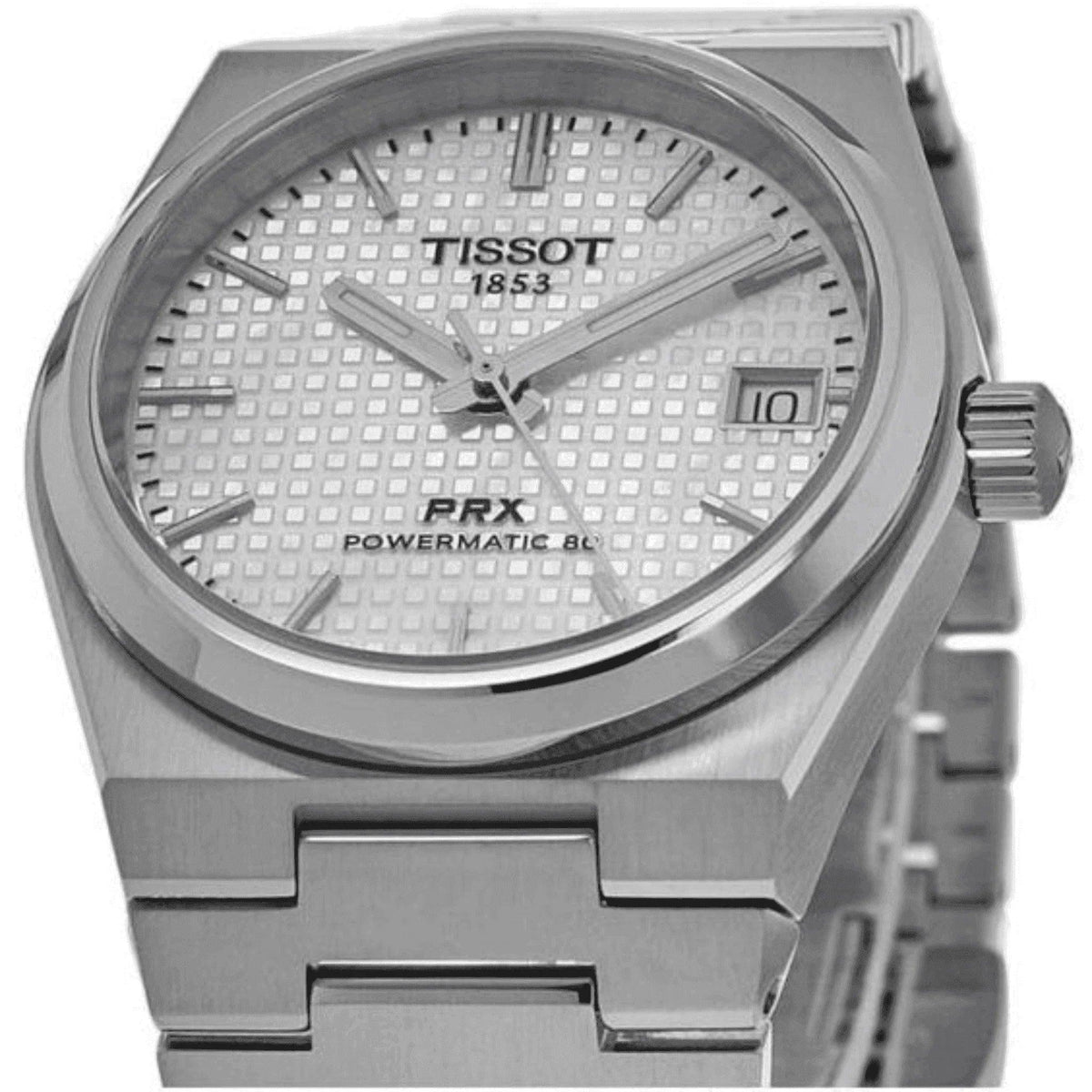 Tissot PRX Powermatic 80 men's watch with silver bracelet and white textured dial