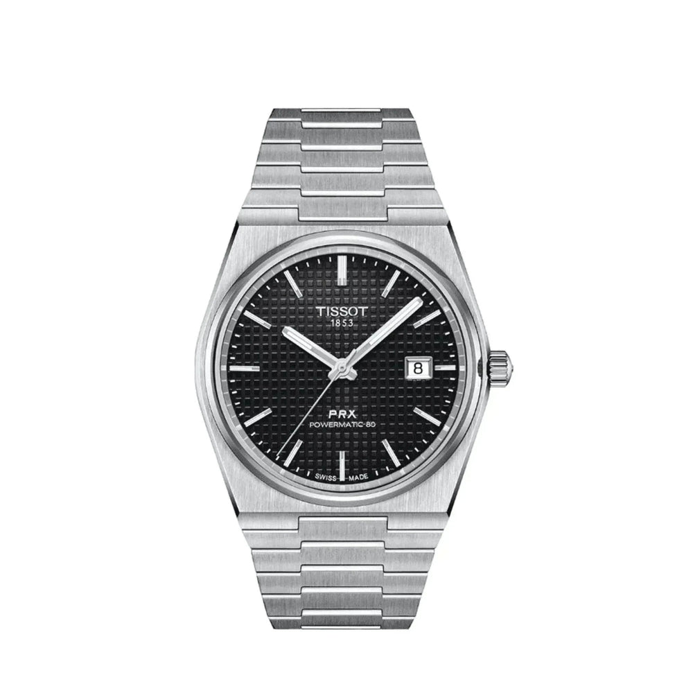 Tissot PRX Powermatic 80 men's watch with black textured dial and stainless steel bracelet