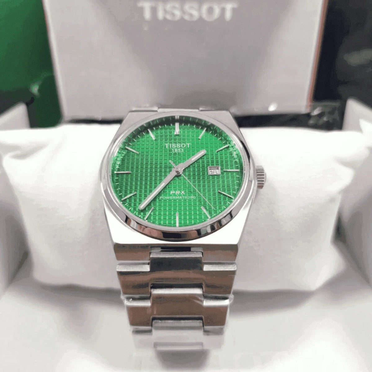 Tissot PRX Powermatic 80 men's watch with green textured dial and stainless steel bracelet