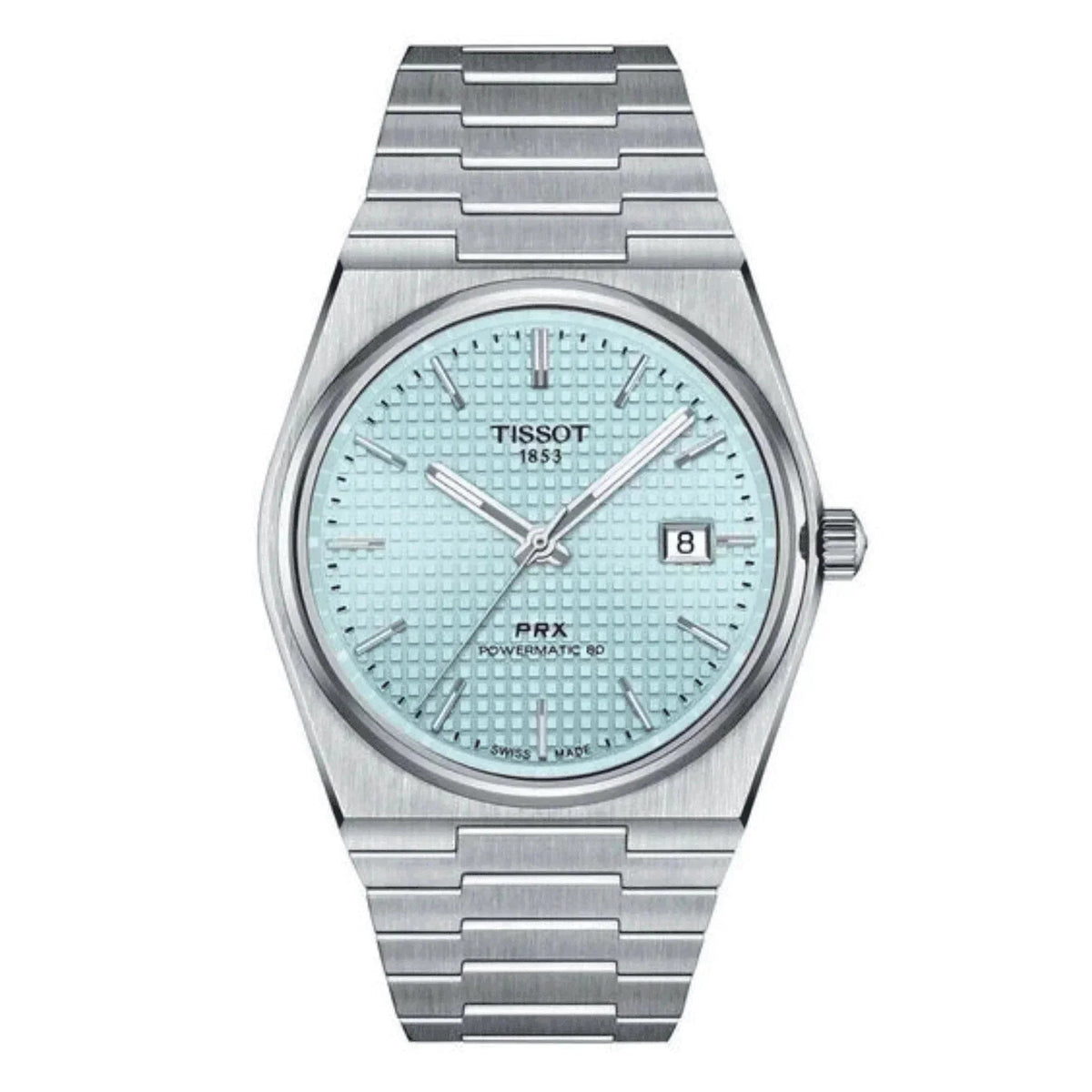 Tissot PRX Powermatic 80 men's watch with ice blue textured dial and stainless steel bracelet