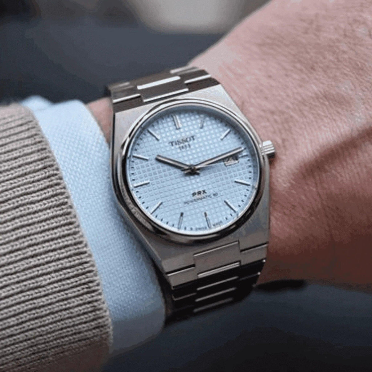 Tissot PRX Powermatic 80 men's watch with ice blue dial and stainless steel bracelet