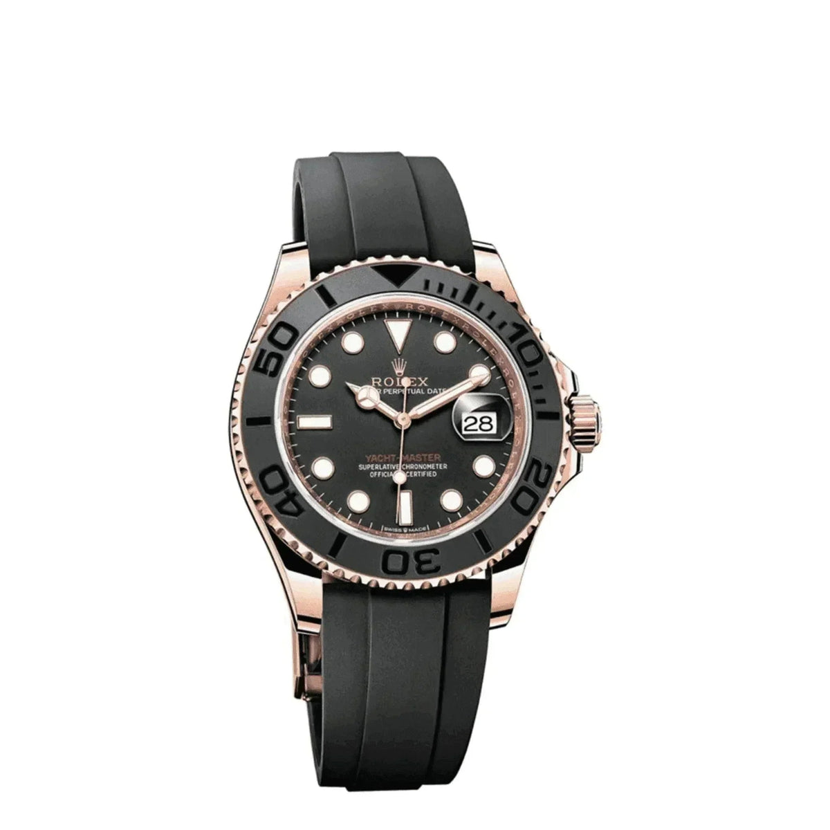 Men's Rolex Yacht-Master watch with black rubber strap and black dial on white background