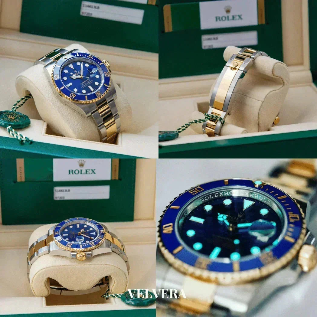 Rolex Submariner two-tone blue dial luxury watch in box, closeup and detail shots