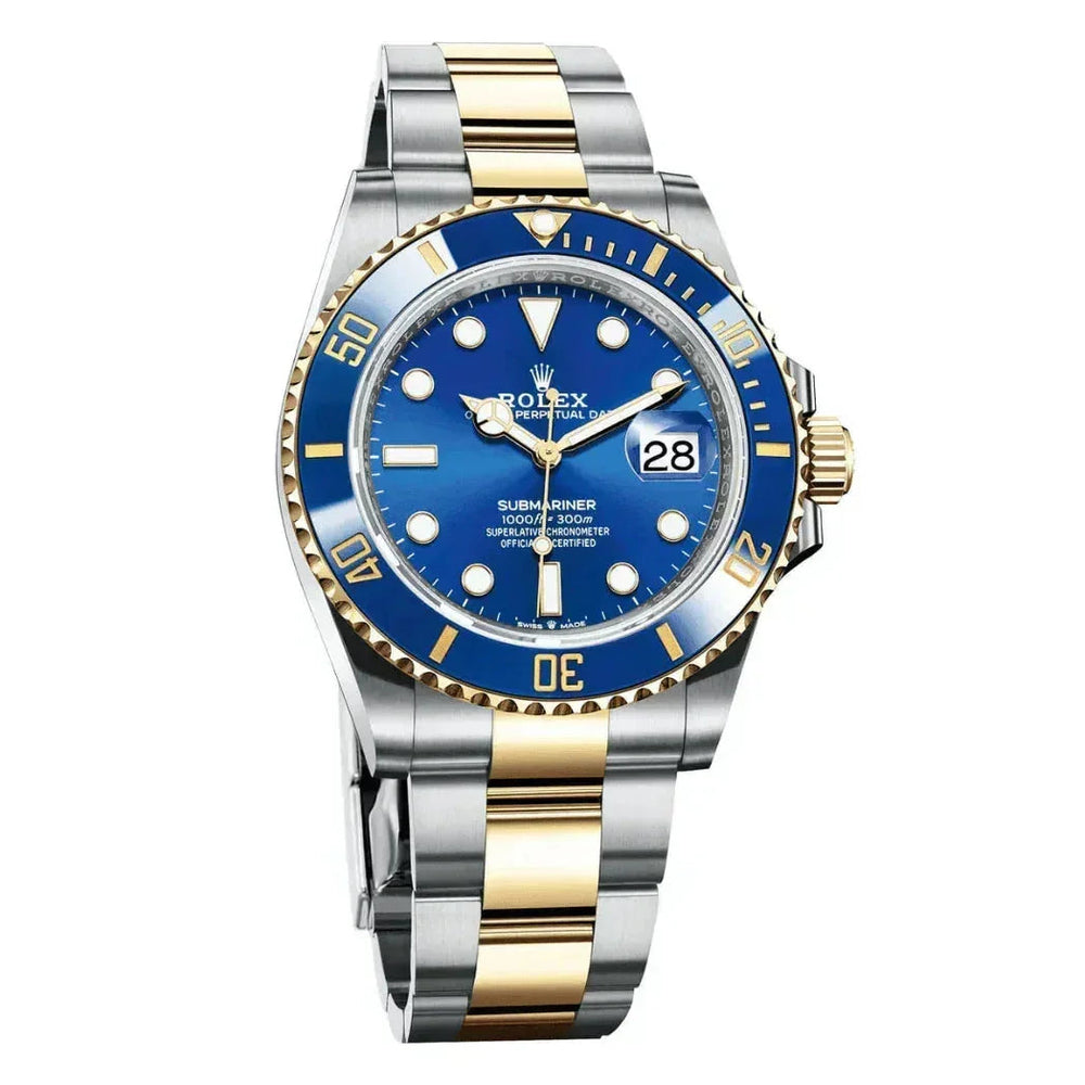 Rolex Submariner two-tone gold and silver watch with blue dial and bezel on white background