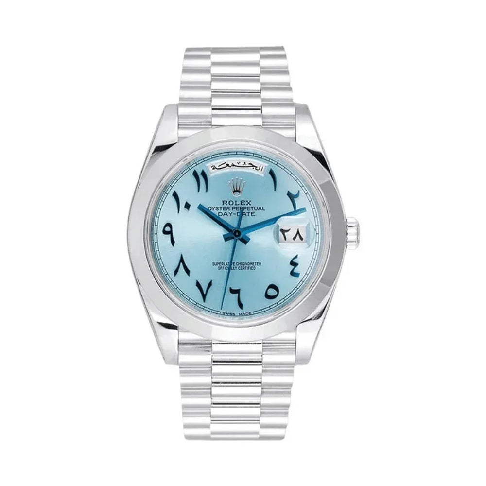 Rolex Oyster Perpetual Day-Date watch with ice blue dial, Arabic numerals, silver bracelet