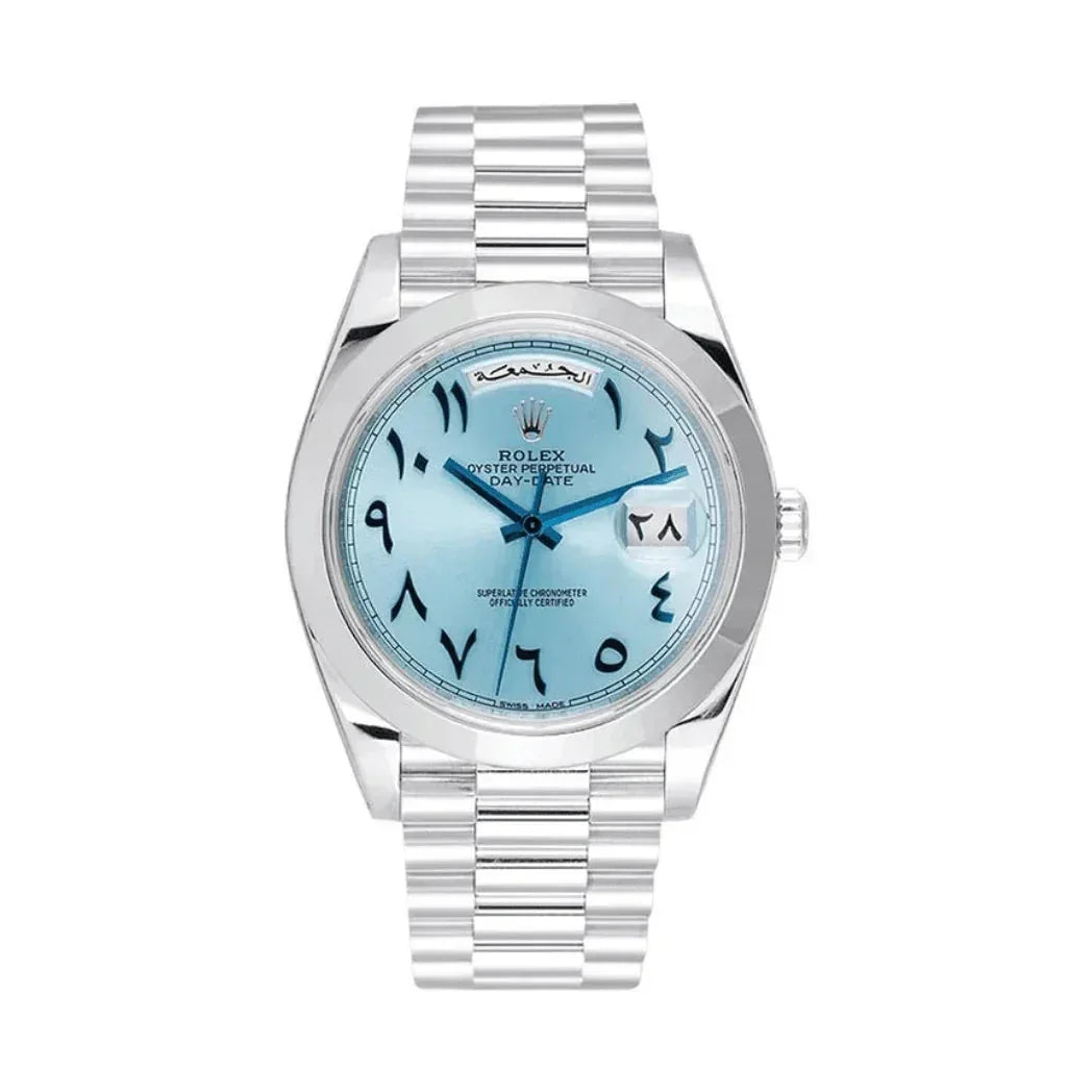 Rolex Oyster Perpetual Day-Date watch with ice blue dial, Arabic numerals, silver bracelet