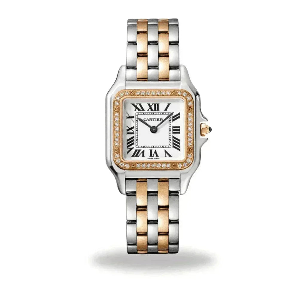 Luxury Cartier two-tone watch with diamond bezel, Roman numeral dial, and metal bracelet.
