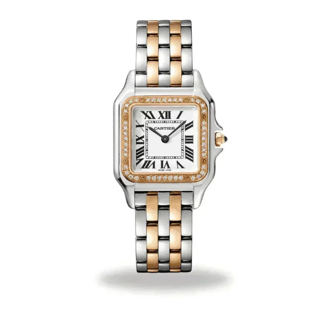 Luxury Cartier two-tone watch with diamond bezel, Roman numeral dial, and metal bracelet.