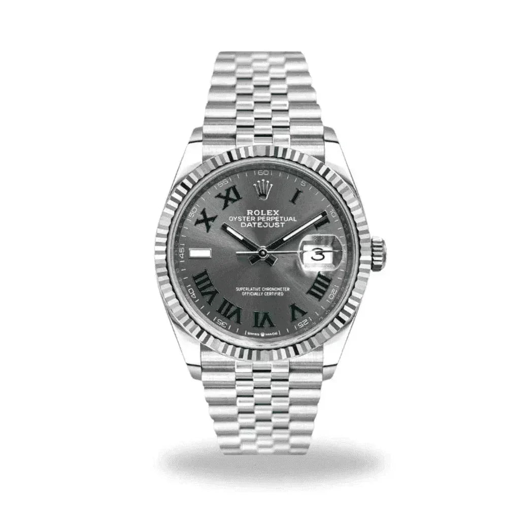 Rolex Datejust silver watch with grey dial, Roman numerals, and jubilee bracelet