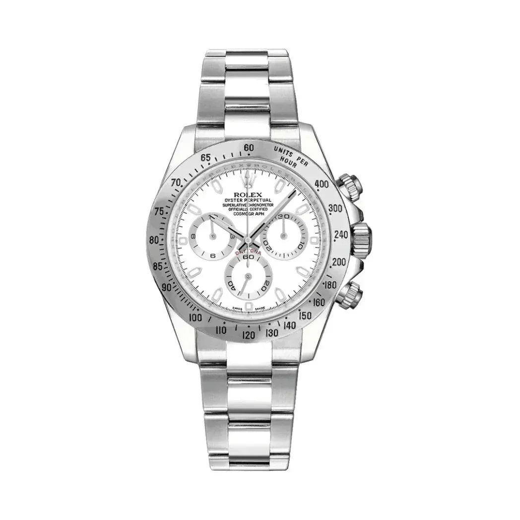 Luxury stainless steel Rolex Daytona watch with white dial and chronograph features