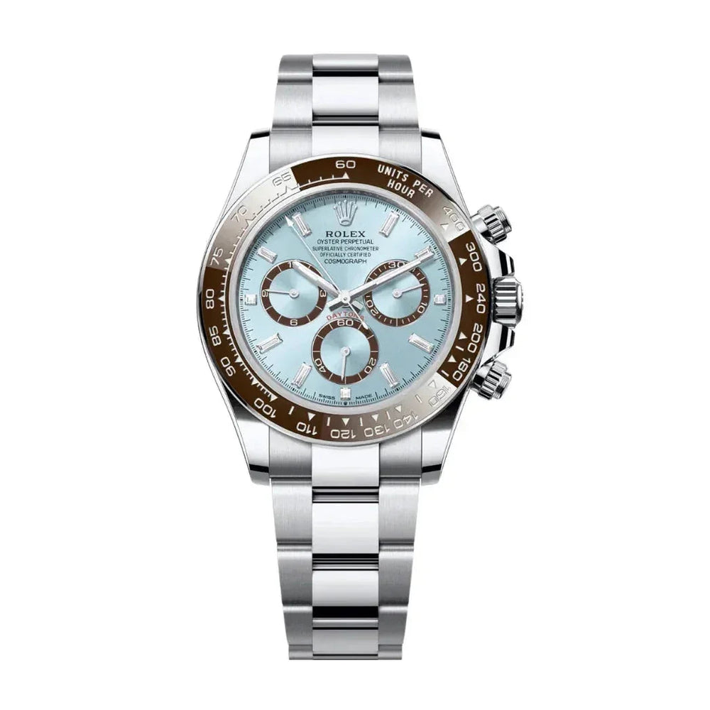Luxury stainless steel chronograph watch with ice blue dial and brown ceramic bezel