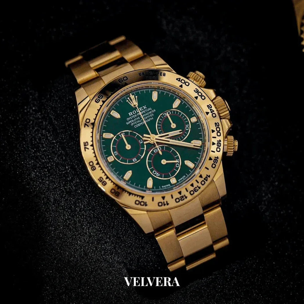 Gold Rolex Daytona watch with green dial on black textured background, Velvera branding