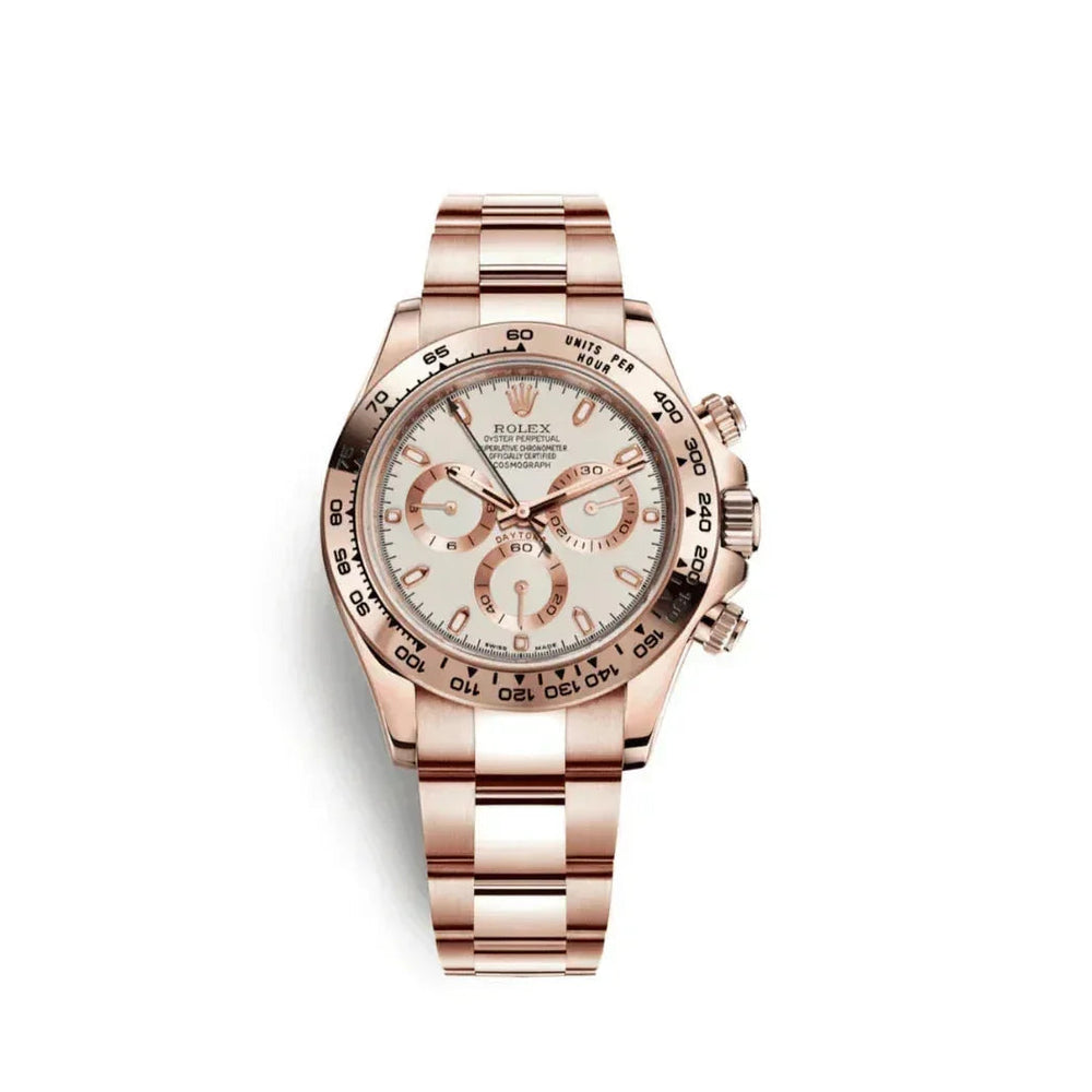 Rose gold luxury chronograph watch with metallic bracelet on white background