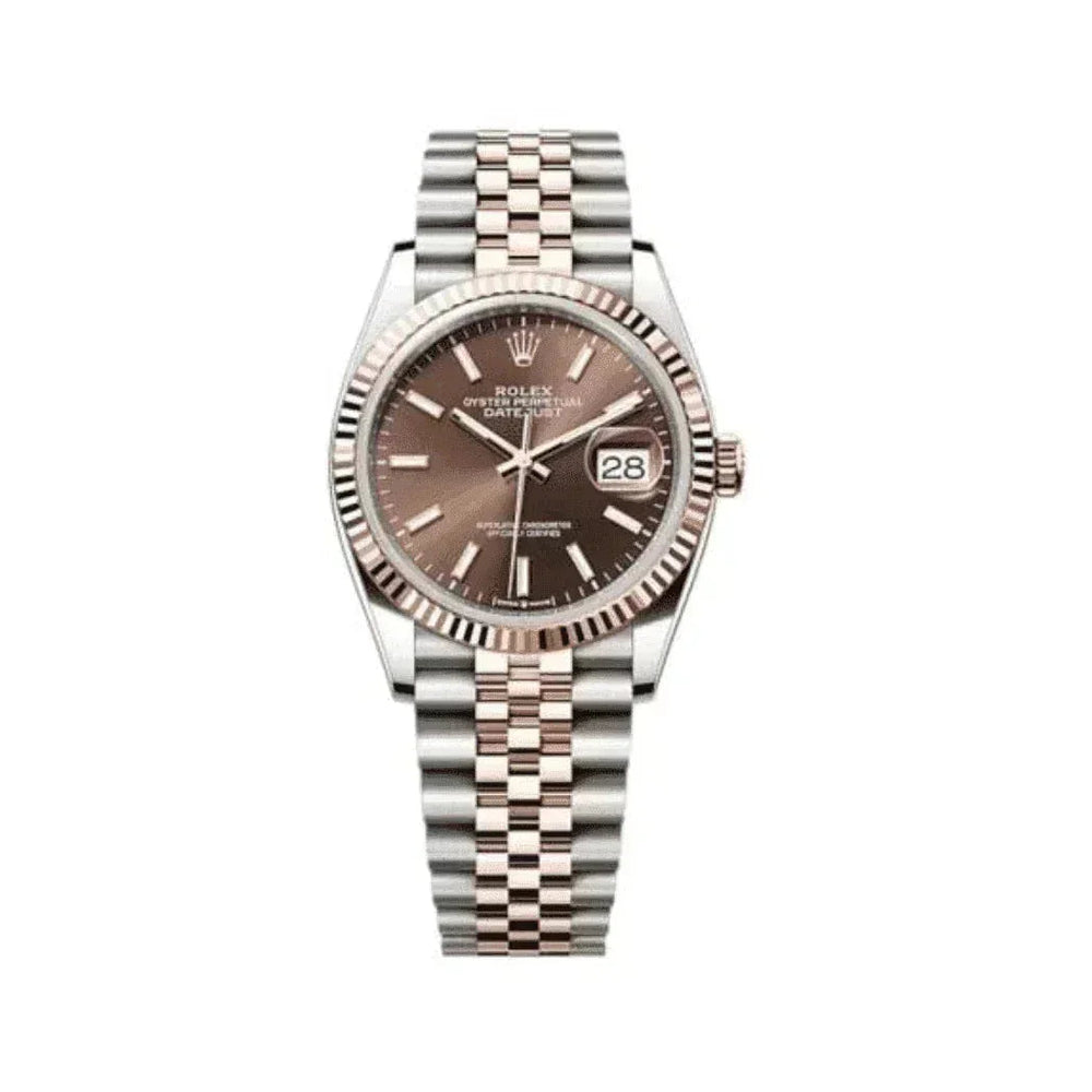 Rolex Datejust two-tone watch with brown dial, fluted bezel, and Jubilee bracelet