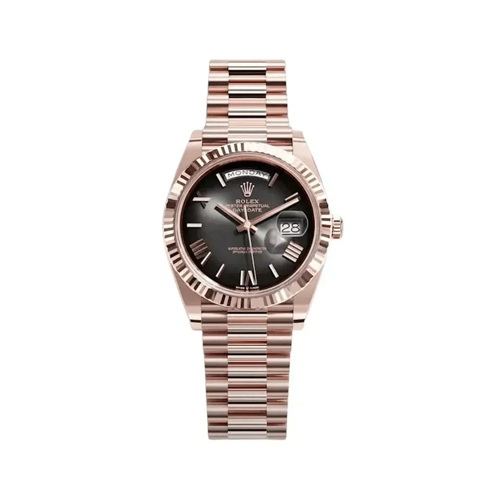 Rolex Day-Date rose gold watch with black dial and fluted bezel on white background