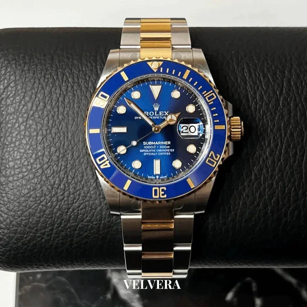 Rolex Submariner two-tone blue dial watch on black leather with VELVERA branding