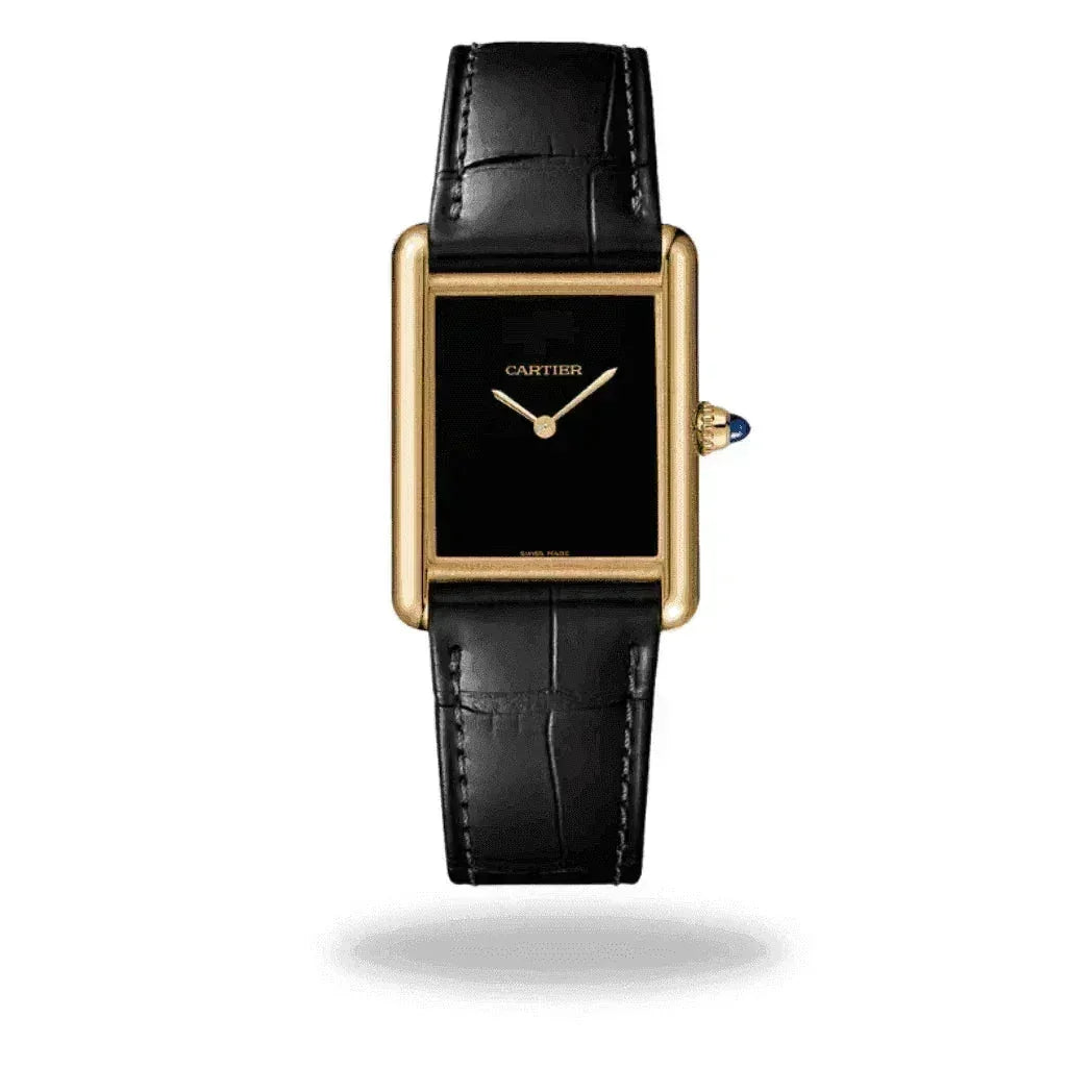 Cartier Tank Must watch with black dial, gold case, and black leather strap on white background