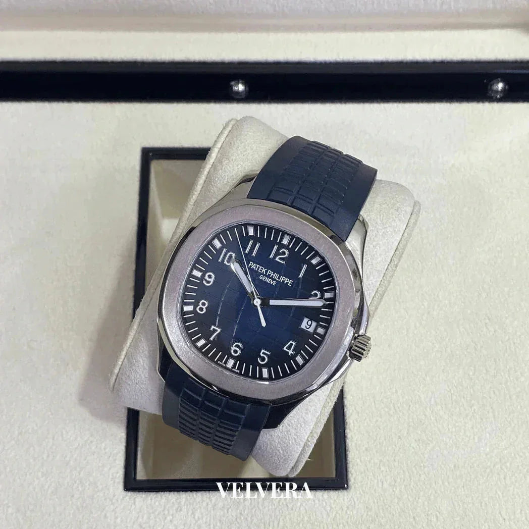 Patek Philippe Aquanaut blue dial luxury watch with rubber strap in display box, Velvera
