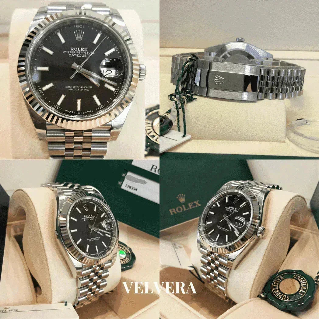 Rolex Datejust black dial men’s luxury watch with jubilee bracelet and green box