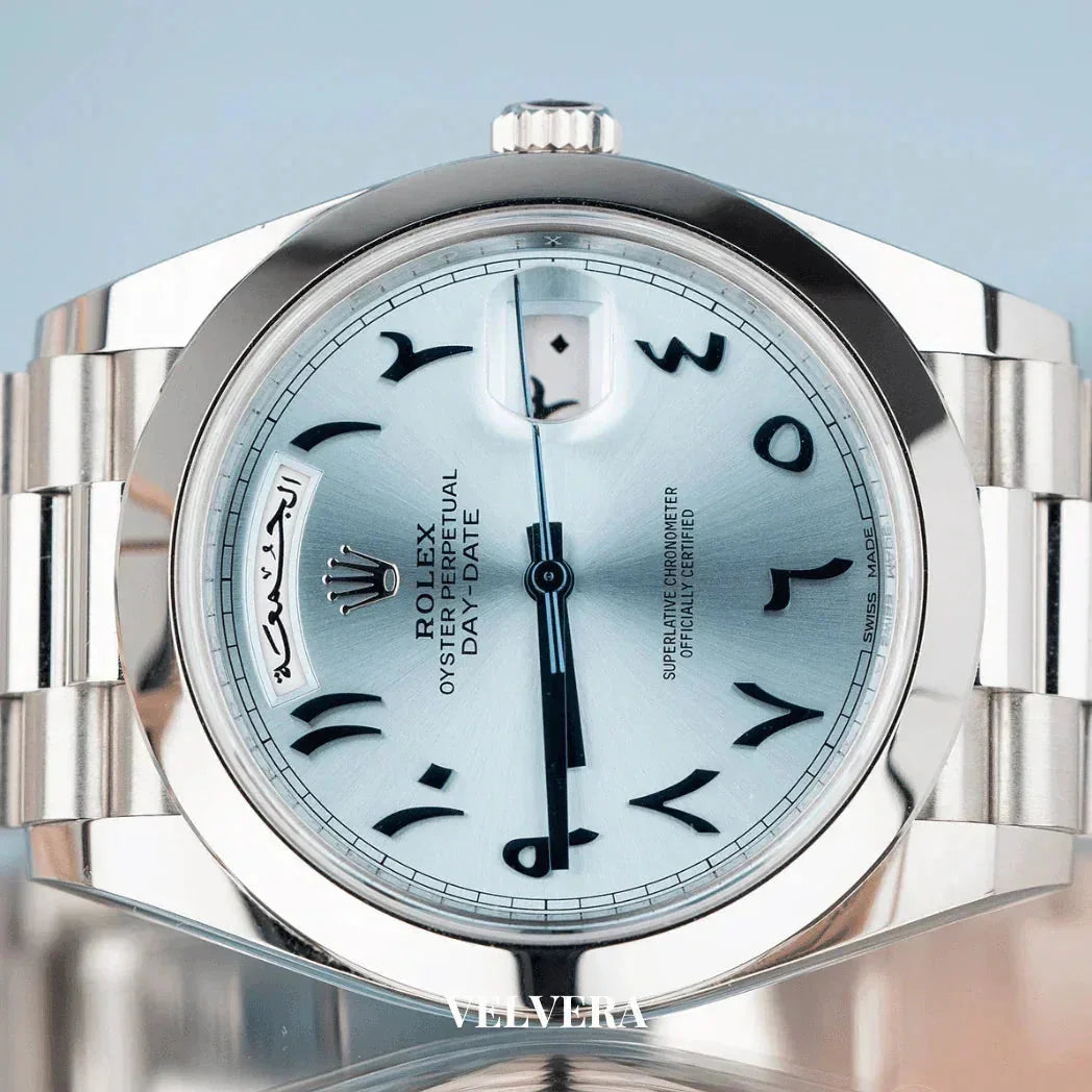 Rolex Oyster Perpetual Day-Date watch with ice blue dial and Eastern Arabic numerals