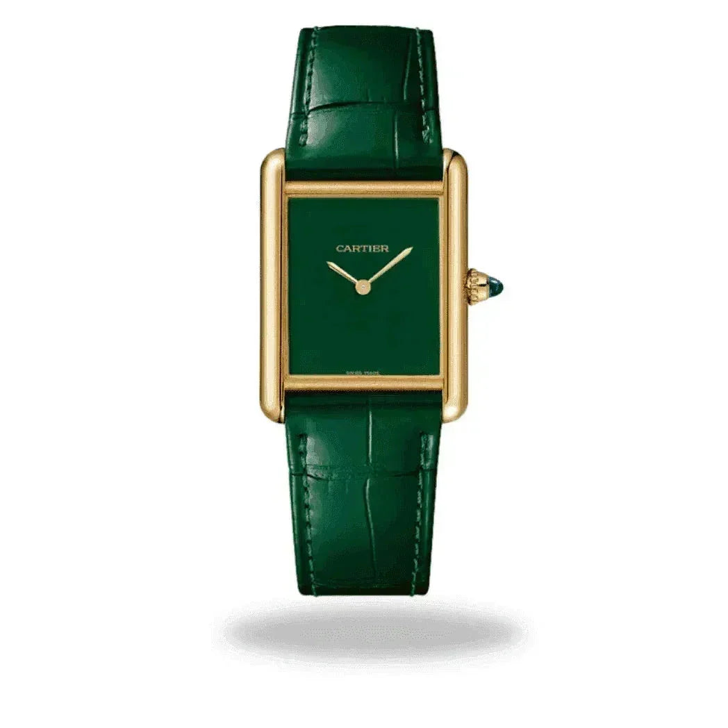 Cartier Tank wristwatch with green dial, gold case, and green leather strap on white background
