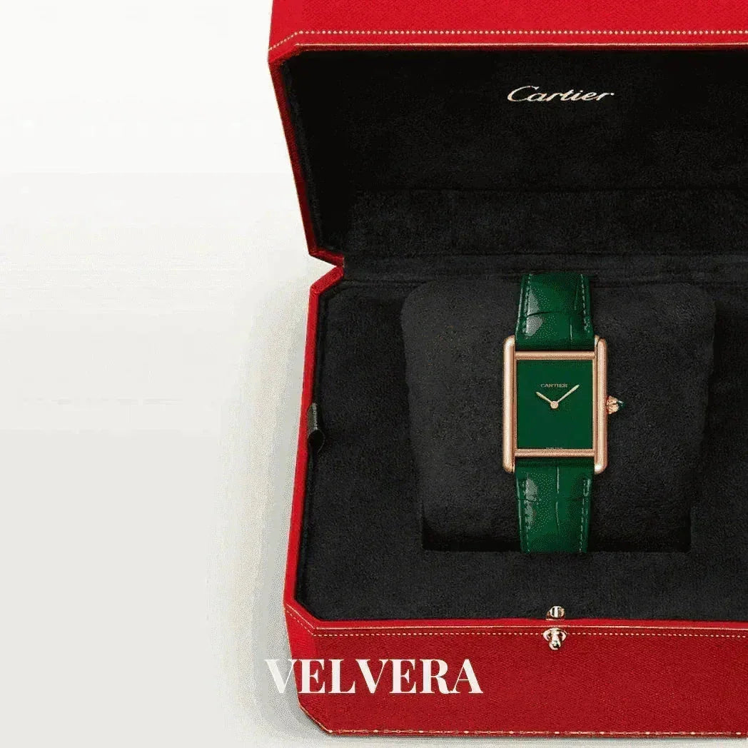 Green Cartier watch with gold case in red box, luxury wristwatch, VELVERA branding