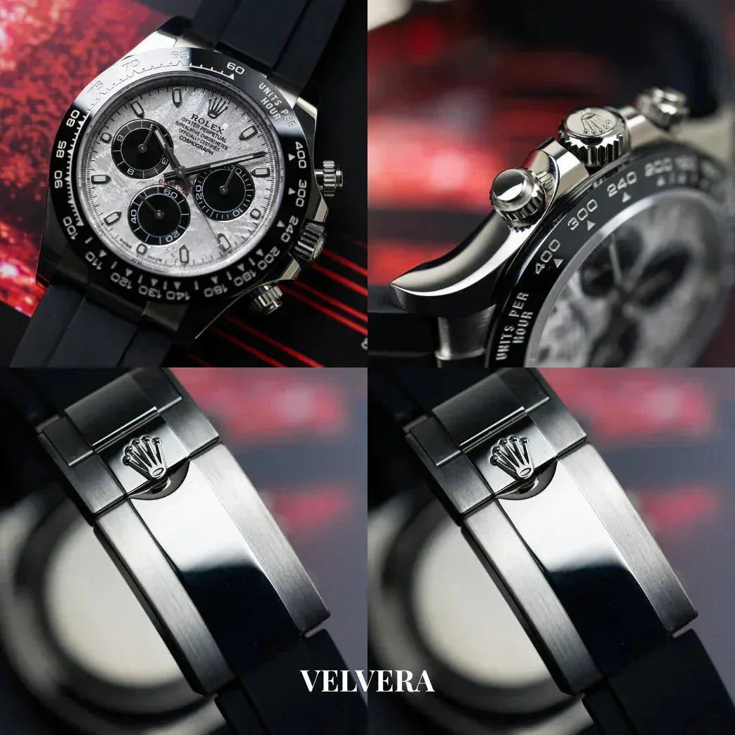 Rolex Daytona meteorite dial luxury watch collage, black strap, close dial and clasp details