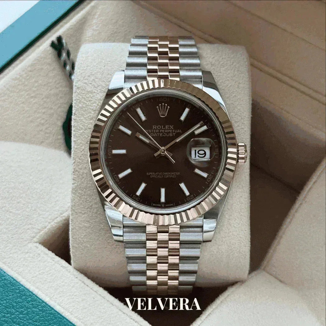 Rolex Datejust watch with two-tone bracelet and black dial in a cream velvet box, Velvera branding