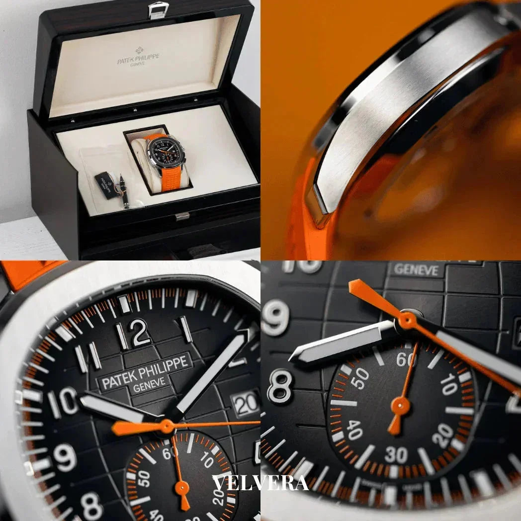 Patek Philippe watch with orange strap, black dial, silver case, close-up luxury details