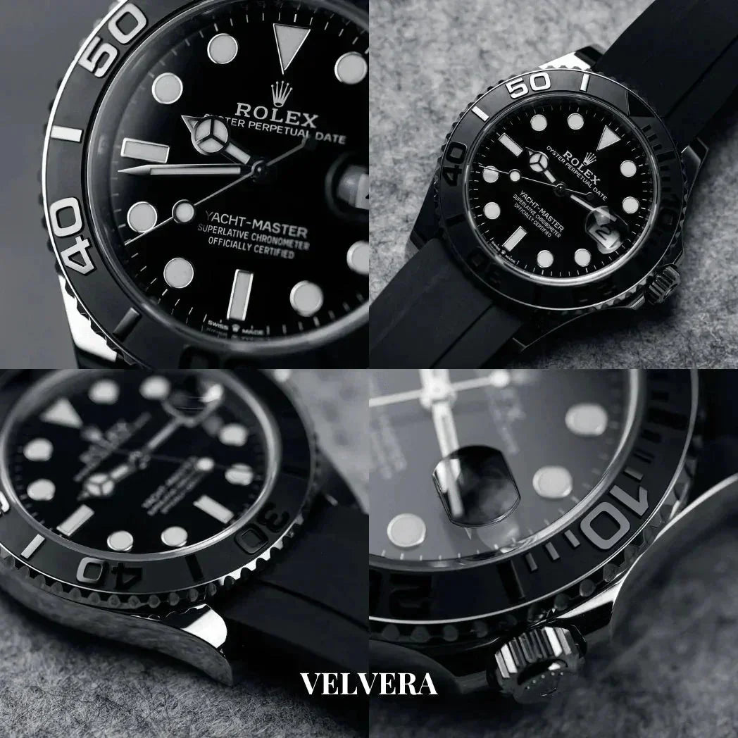 Luxury Rolex Yacht-Master black dial watch with rubber strap, close-up details, Velvera
